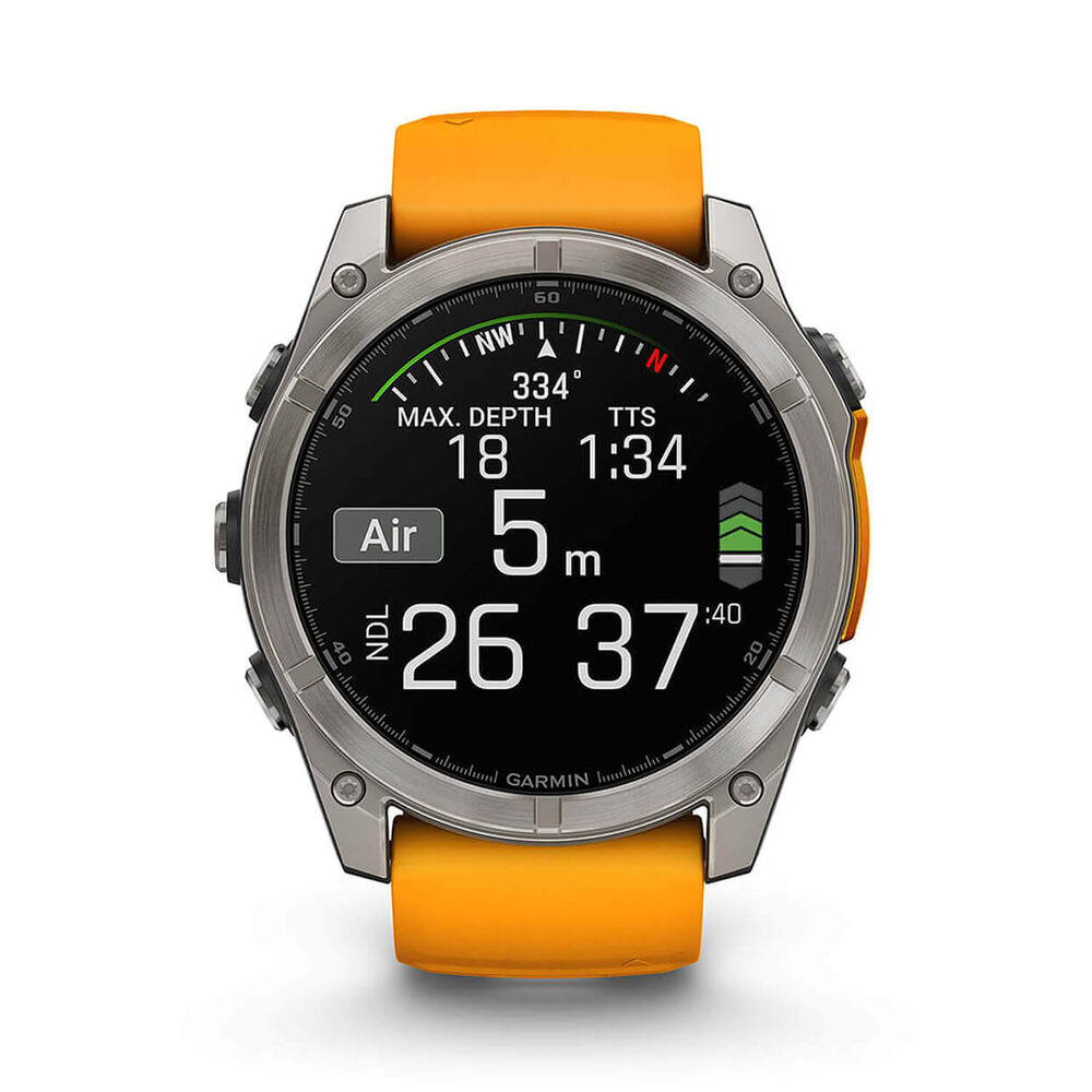 Garmin fenix® 8 AMOLED Sapphire 51mm Titanium Case Spark Orange Graphite Silicon Strap Watch image number 2