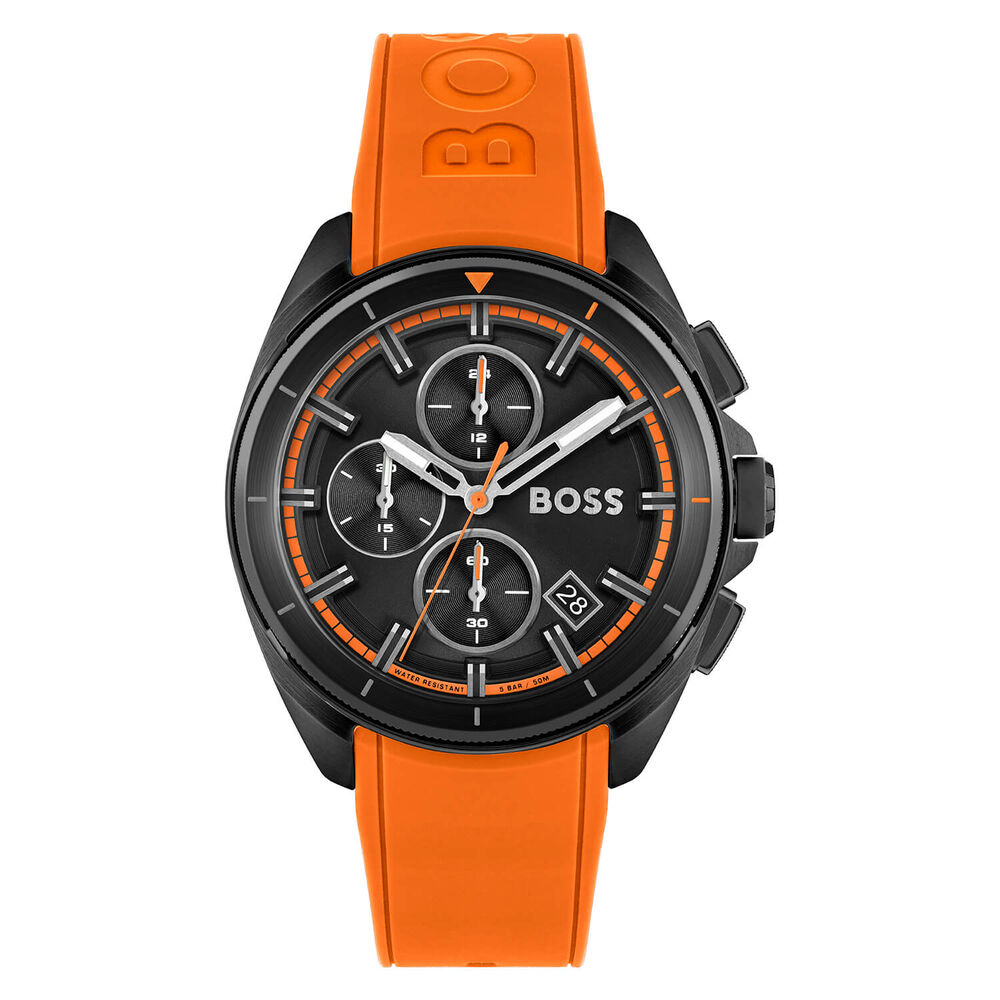 Hugo Boss Volane Chronograph 44mm Quartz Black Dial Steel Case Orange Rubber Strap Watch image number 0