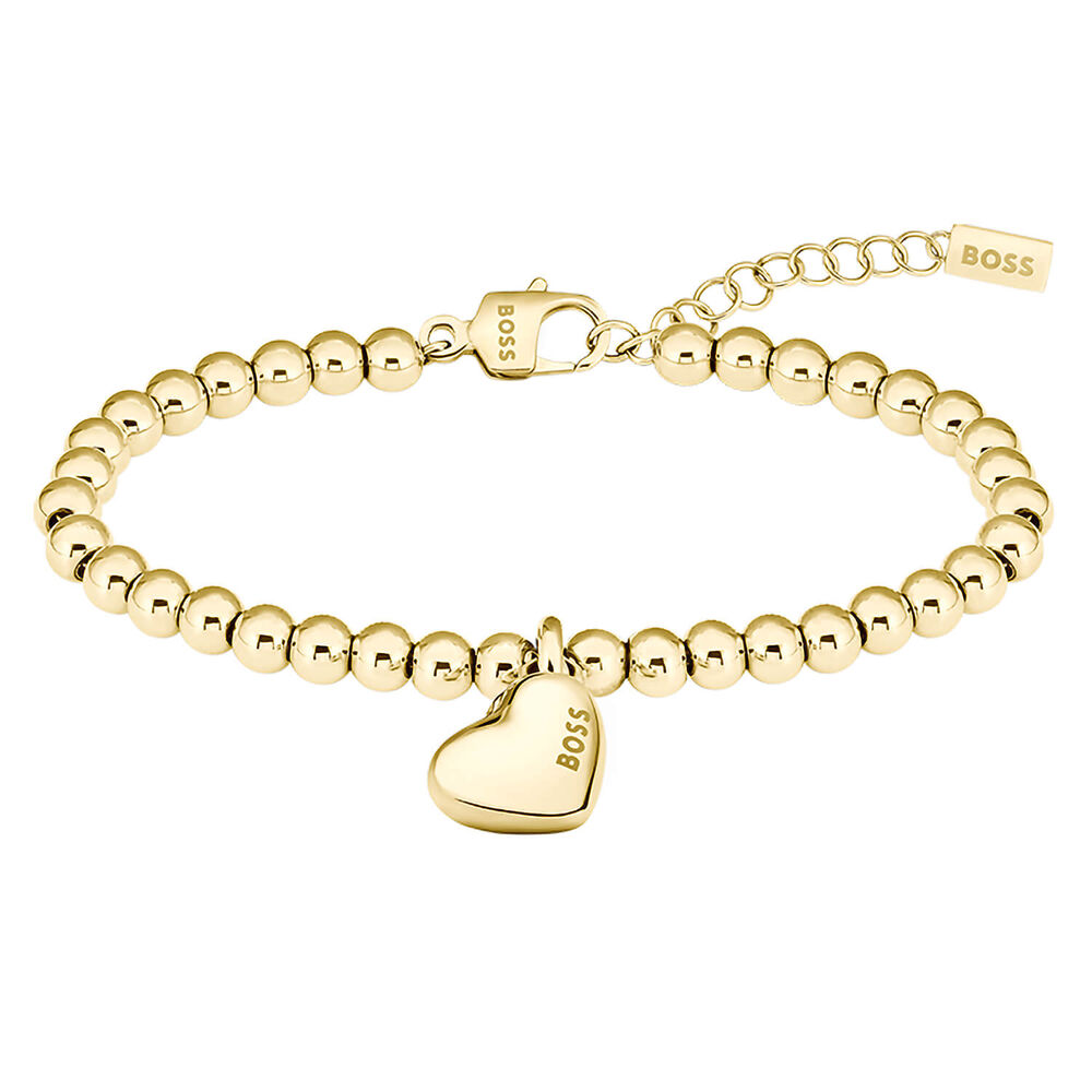 BOSS Yellow Gold IP Stainless Steel Heart Pendant Beaded Bracelet