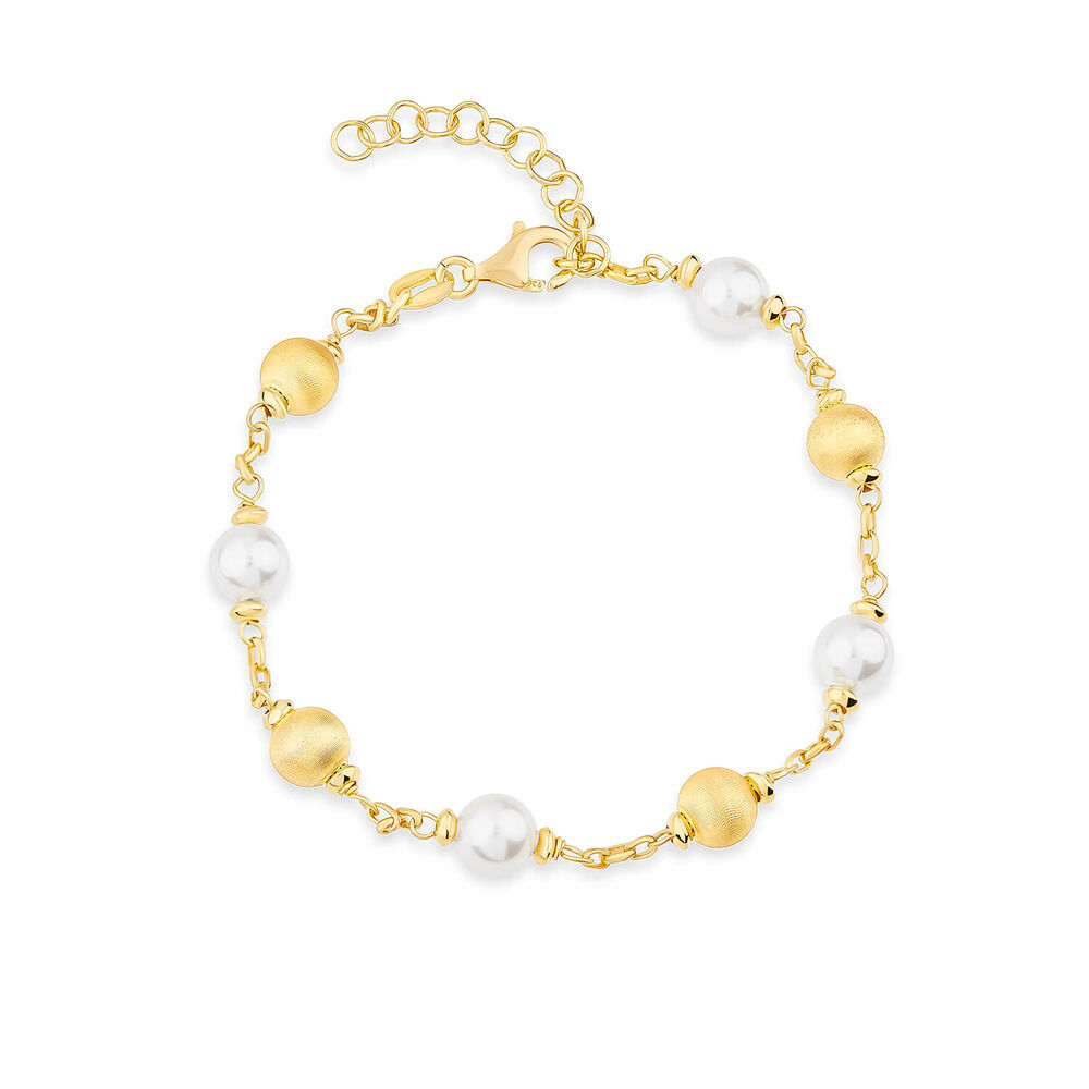 Yellow Gold Plated Sterling Silver Pearls & Matte Beads Bracelet image number 0