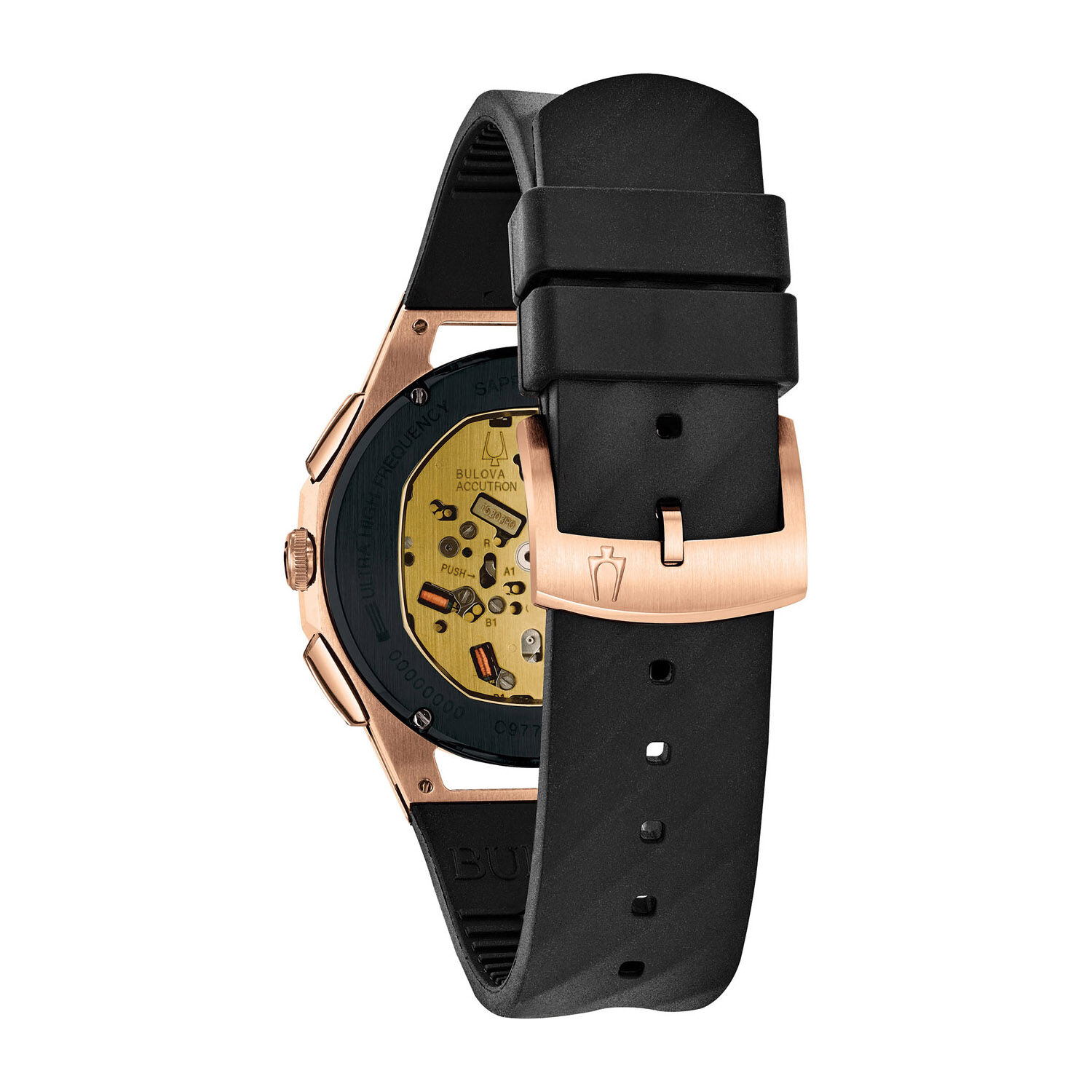 Bulova Curv Quartz Rose Gold Pvd Black Rubber Strap Watch