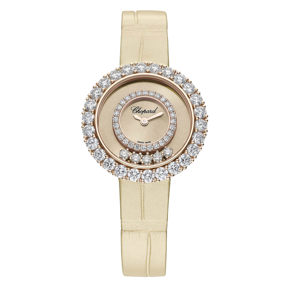 Chopard Happy Diamonds 29mm Beige Dial Rose Gold Plated Case Leather Strap Watch