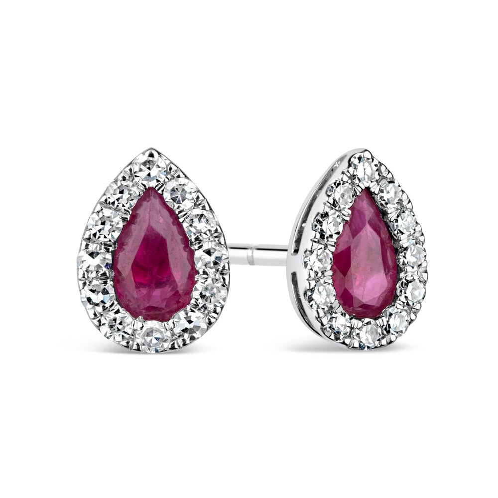 9ct White Gold 0.15ct Diamond and Ruby Pear Stud Earrings image number 2