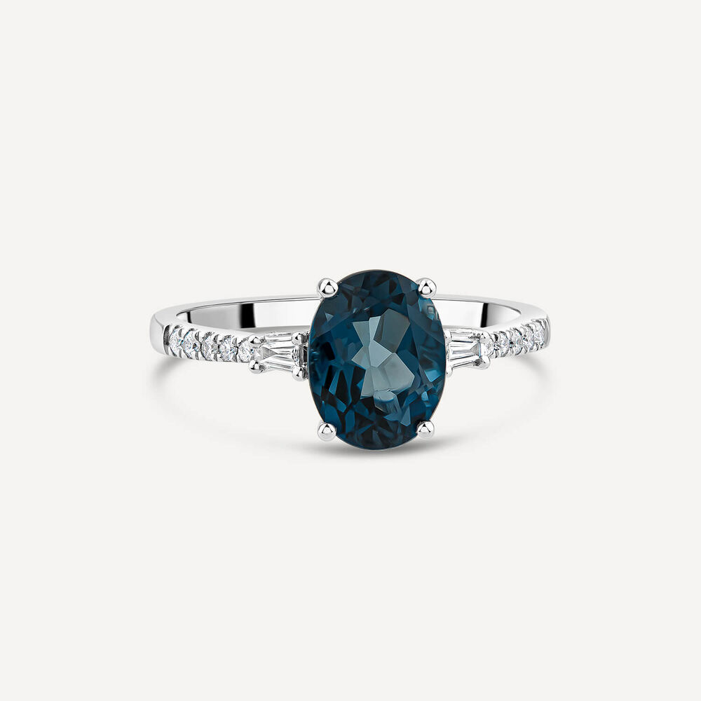 9ct White Gold London Blue Topaz & 0.12ct Tapered Baguette Diamond Sides Ring image number 2