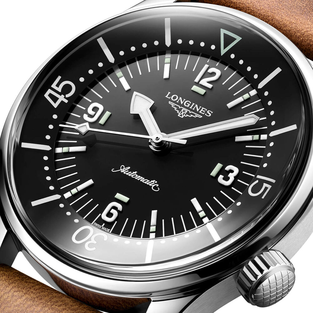 Longines Legend Diver 39mm Black Dial Stainless Steel Case Brown Leather Strap Watch image number 3