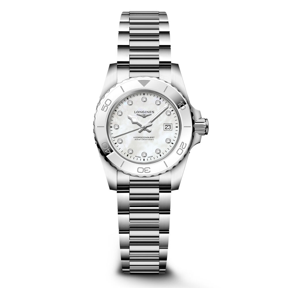Longines HydroConquest 30mm Mother of Pearl Dial Diamond Dots Steel Bracelet Watch