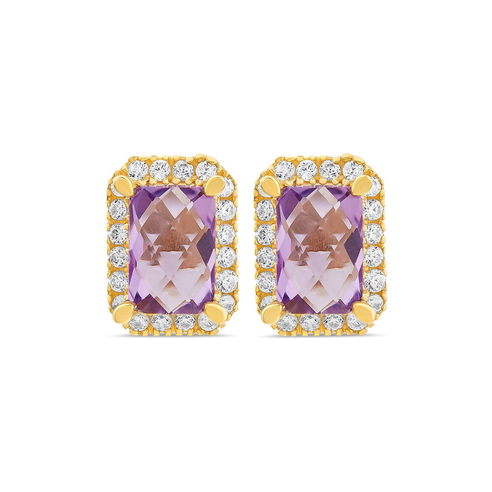 9ct Yellow Gold Rectangular Amethyst & Cubic Zirconia Frame Stud Earrings image number 0