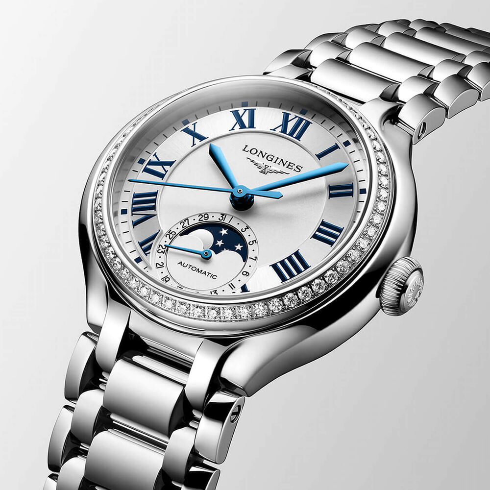 Longines Elegance Primaluna 34mm Moonphase Silver Dial Diamond Bezel Steel Bracelet Watch image number 3