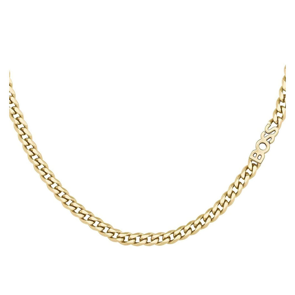 BOSS Kassy Yellow Gold Curb Chain Logo Stainless Steel Necklace image number 1