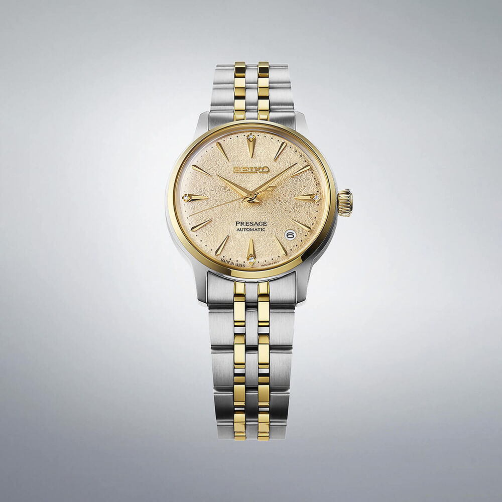 Seiko Presage 'Frozen Daiquiri' Diamond Cocktail Time 34mm Yellow Dial Steel Bracelet Watch image number 3