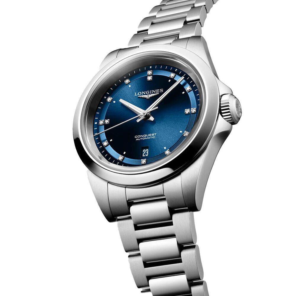 Longines Conquest 30mm Blue Dial Diamond Dots Steel Bracelet Watch image number 1
