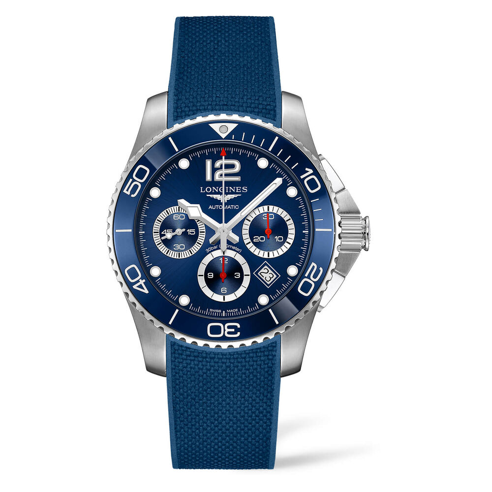 Longines HydroConquest 43mm Automatic Blue Dial Chronograph Steel Case Blue Rubber Strap Watch