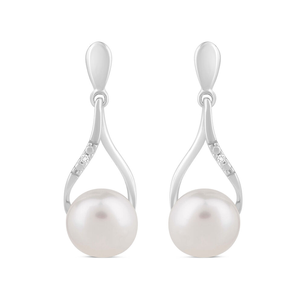9ct White Gold Diamond & Pearl Teardrop Earrings image number 0