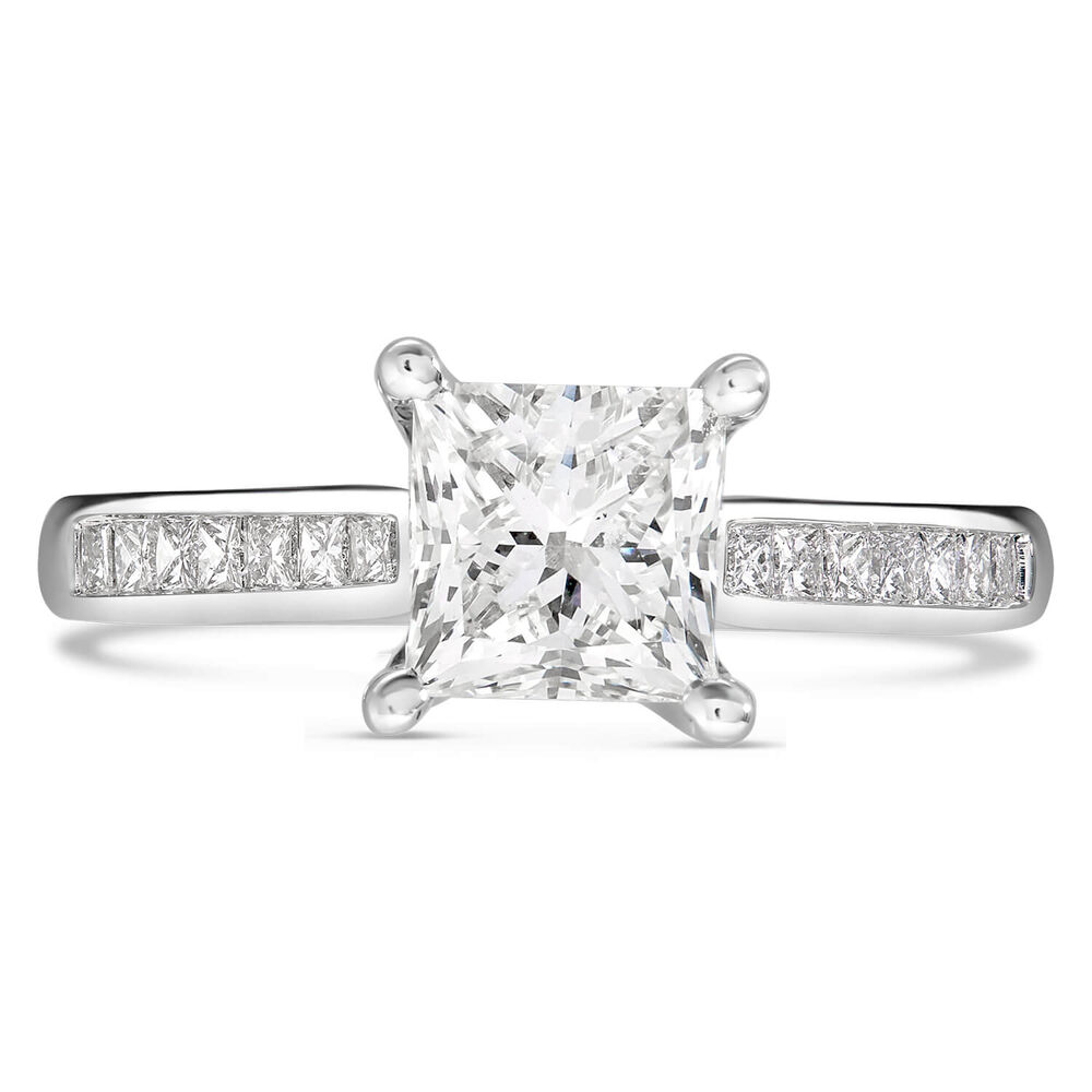 18ct White Gold Tulip Setting Princess Cut Solid With 1 Carat Diamond Set Shoulders Ring image number 1