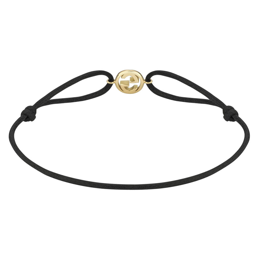 Gucci Interlocking G 18ct Yellow Gold Charm Black Cotton Cord Bracelet