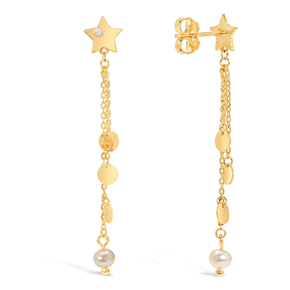 9ct Yellow Gold Star Pearl and Disc Drop Earrings image number 2