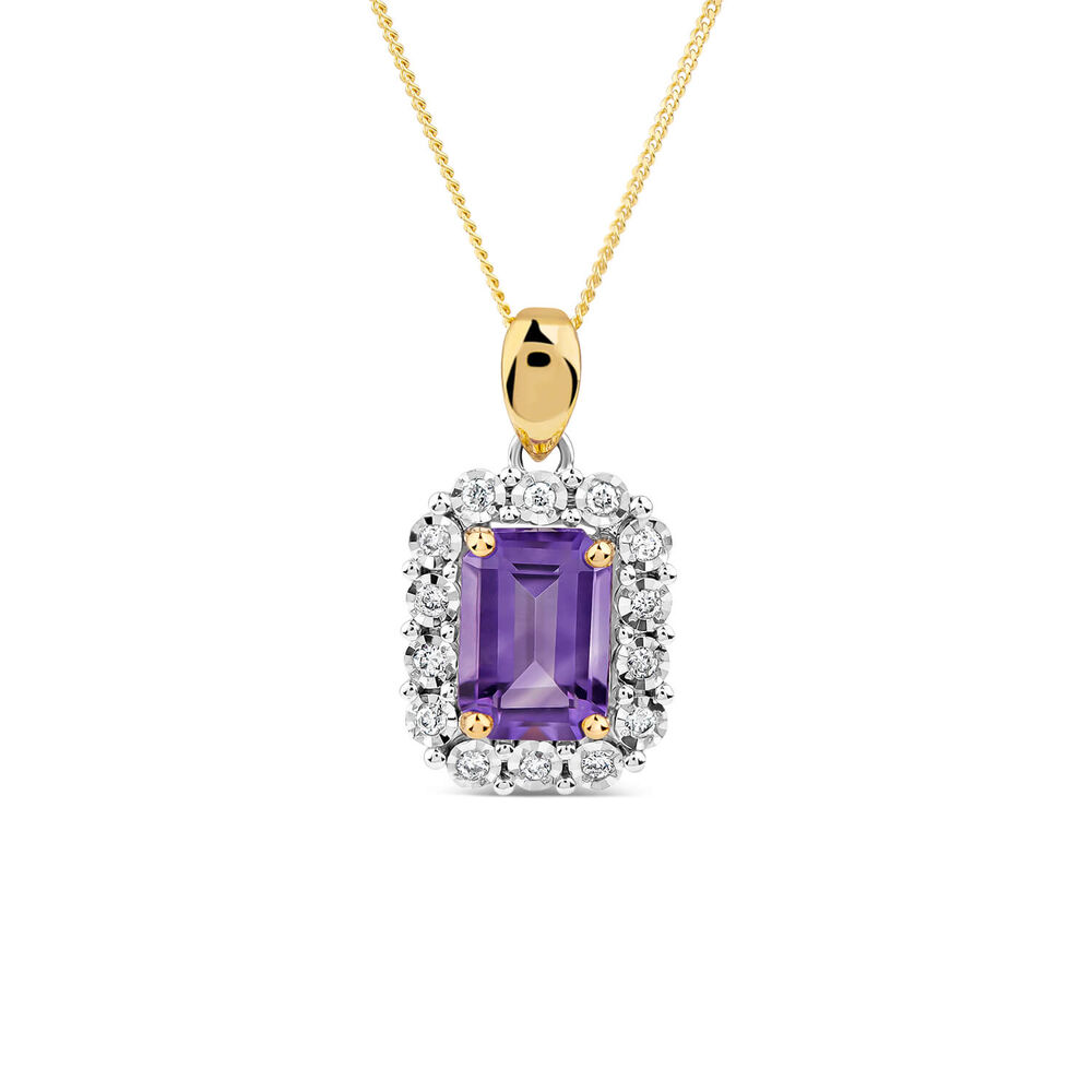 9ct Yellow Gold Rectangular Amethyst 0.06ct Diamond Halo Pendant