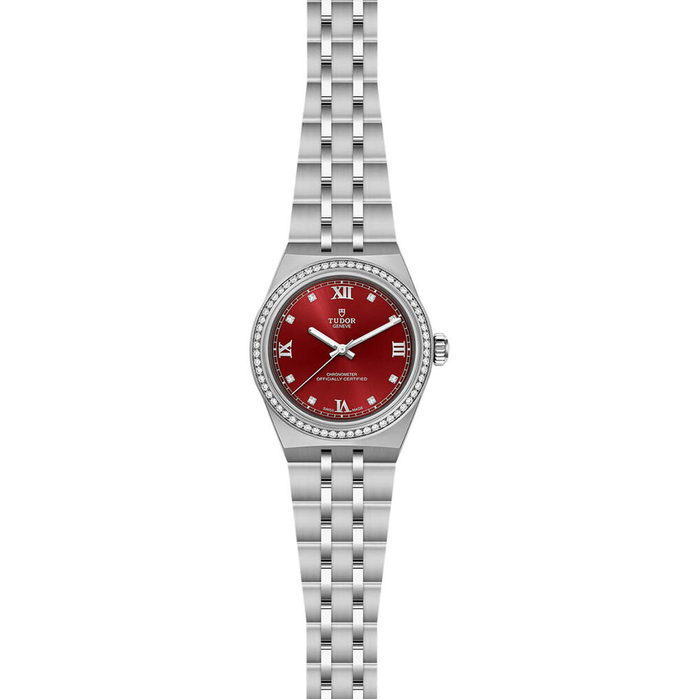 TUDOR Royal 30mm Burgundy Dial Diamond Bezel Steel Bracelet Watch