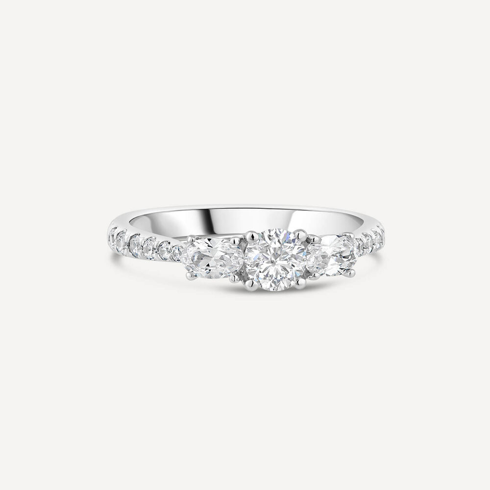 18ct White Gold Orchid Setting Three Stone 1ct Round Diamond Oval Sides Ring image number 2