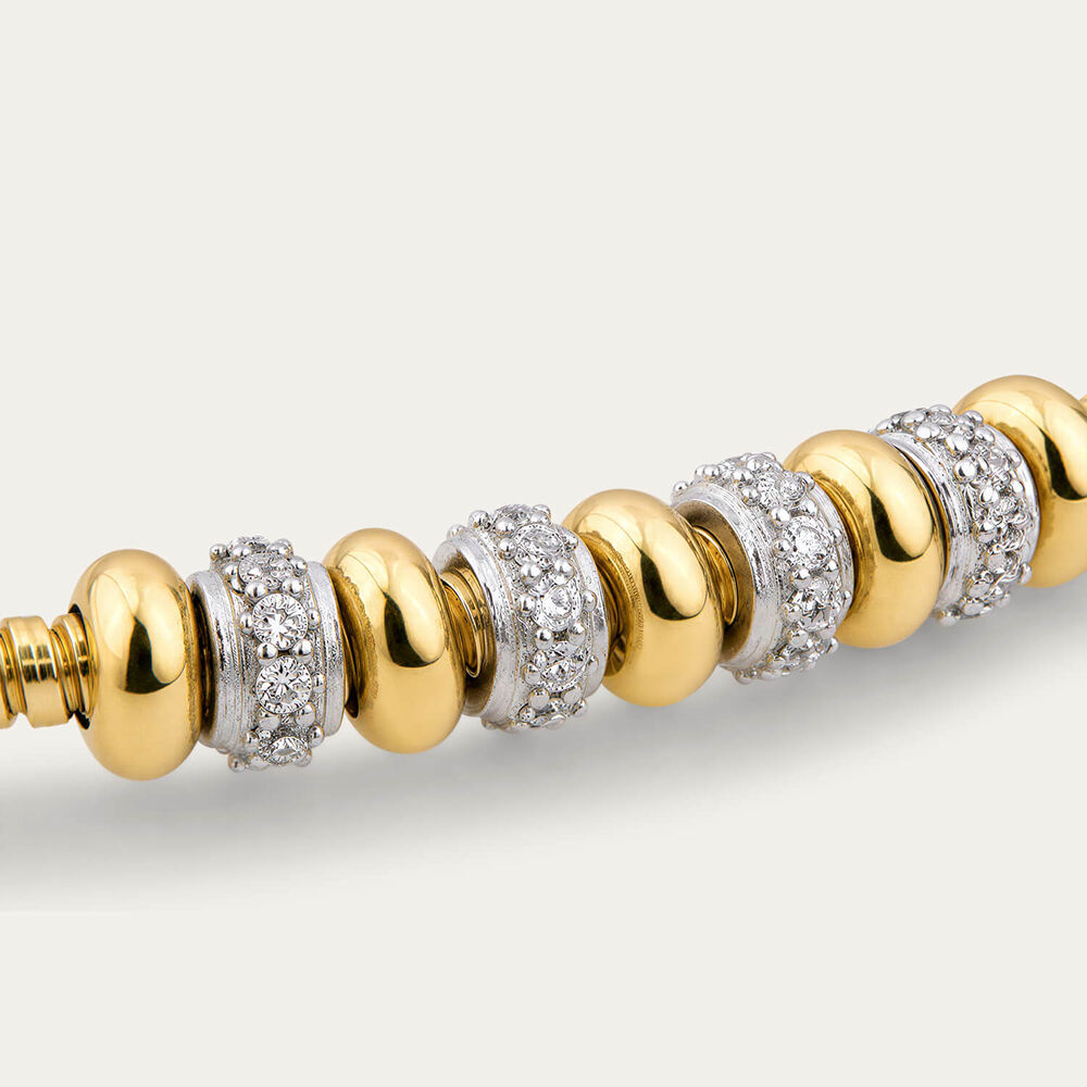 Yellow Gold Plated Sterling Silver Bead Cubic Zirconia Centre Ribbed Bracelet