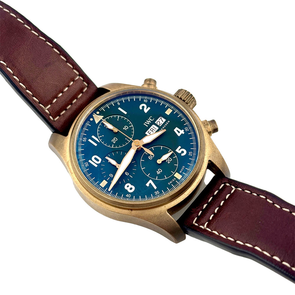 Pre-Owned IWC Schaffhausen Pilot's Watch Chronograph Spitfire Green Dial Brown Strap Watch