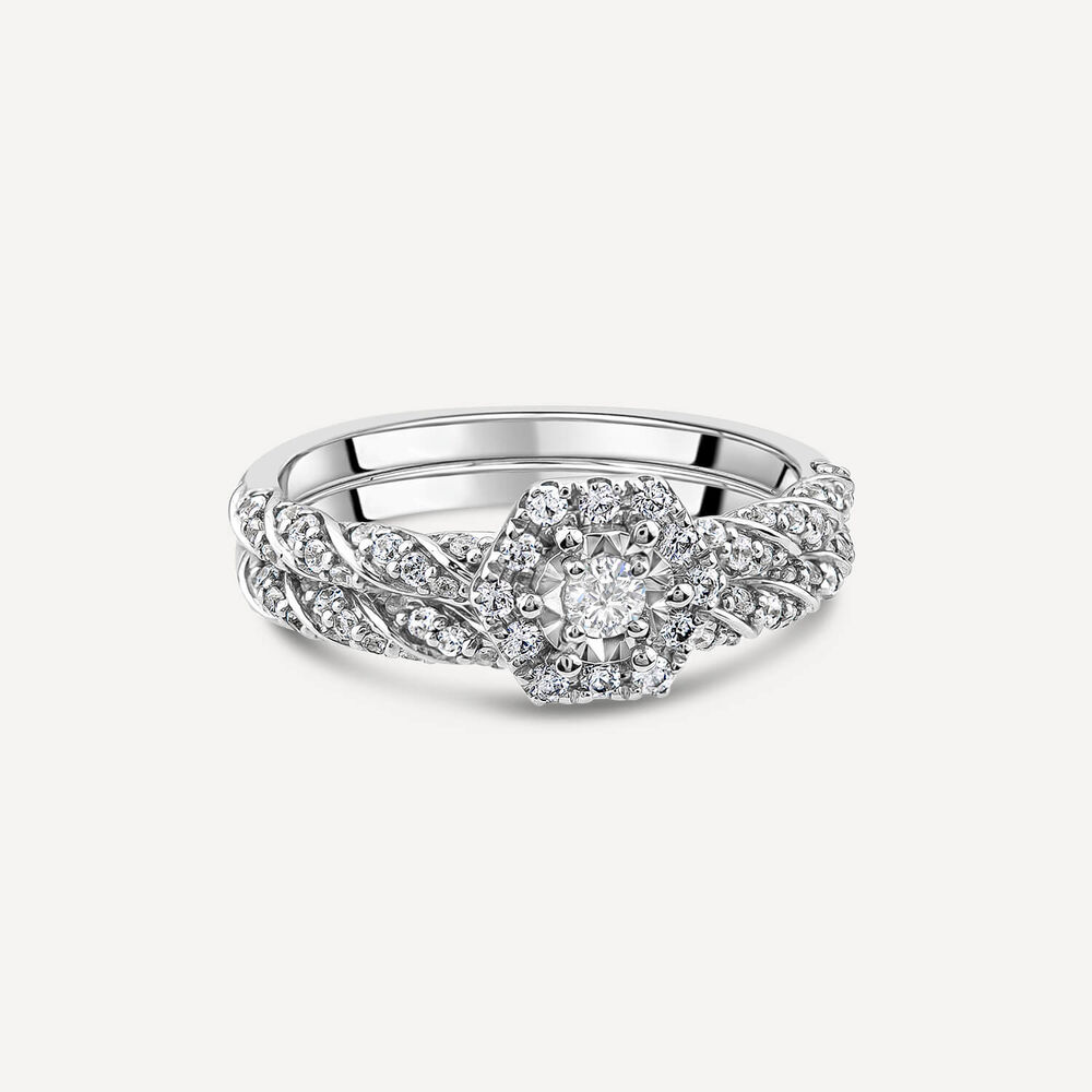 18ct White Gold 0.56ct Hexagon Cluster & Twist Diamond Shoulders Bridal Set image number 4