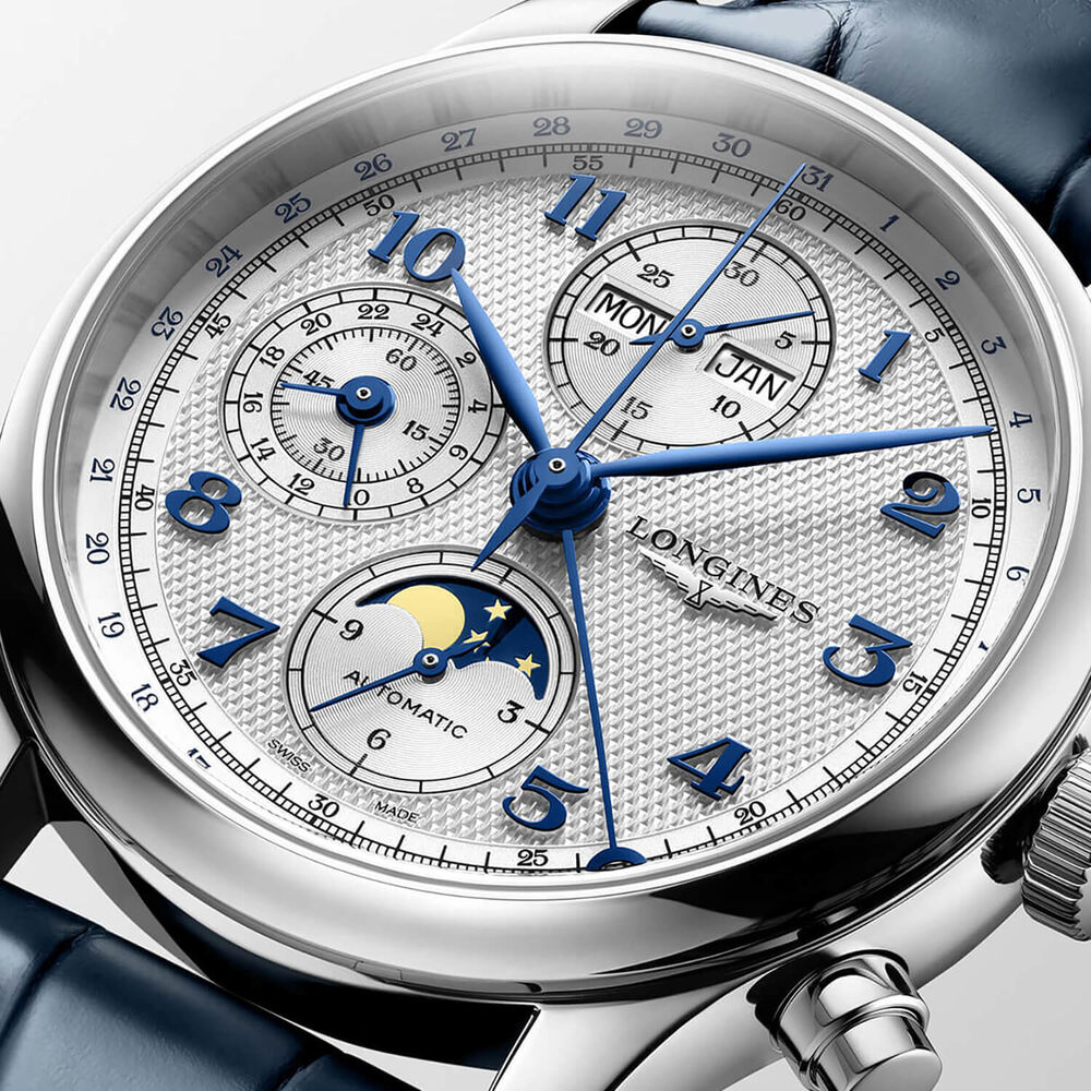 Longines Master Collection Chrono Monopusher 41mm Blue Barleycorn Dial Leather Strap Watch