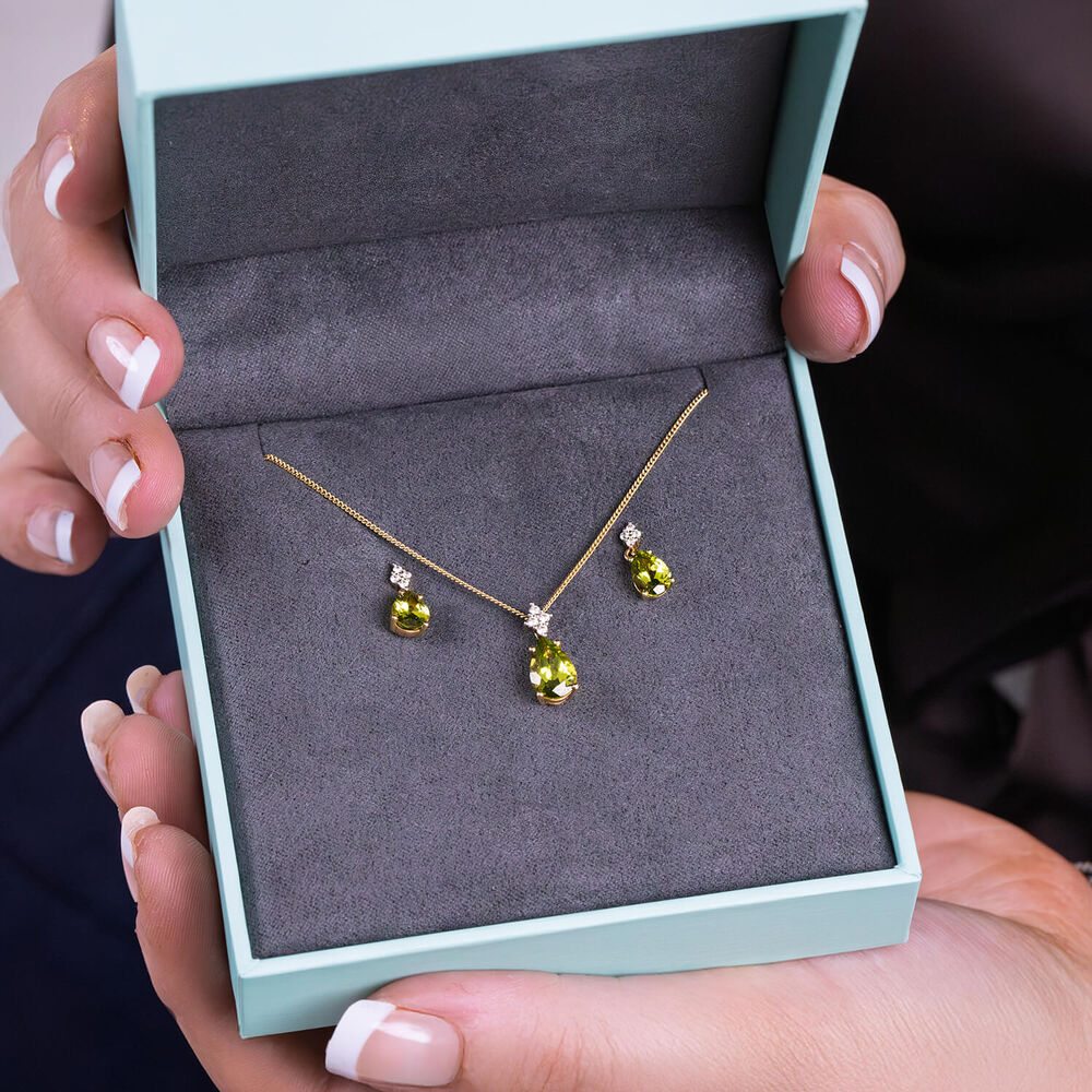 9ct Yellow Gold Pear Peridot & 0.06ct Diamond Drop Earrings