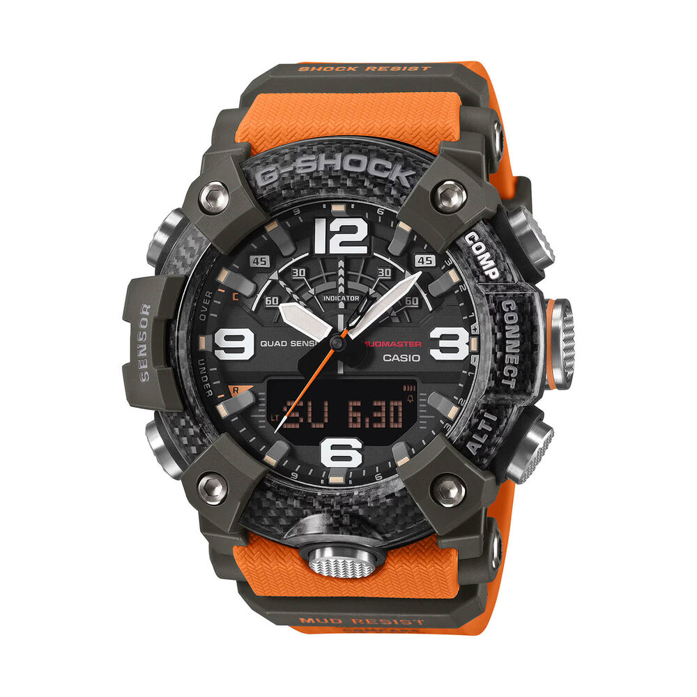 G-SHOCK Master of G Mudmaster 55.4mm Carbon Fibre Bezel & Orange Resin Strap Watch