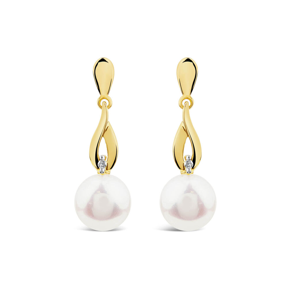 9ct Yellow Gold Freshwater Pearl & Diamond Set Drop Earrings image number 0