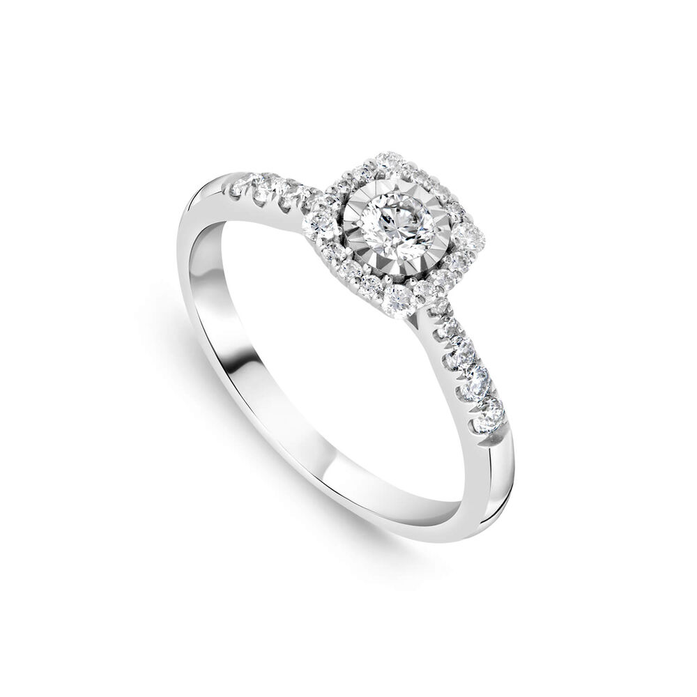 9ct White Gold 0.39ct Square Illusion Diamond Halo Shoulders Ring image number 0