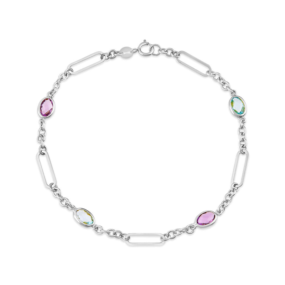 9ct White Gold Oval Amethyst & Blue Topaz Link Bracelet image number 0