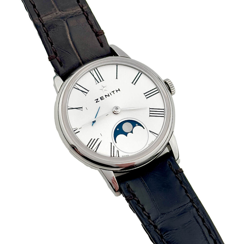 Pre-Owned Zenith Elite Moonphase 33mm Silver Dial Black Leather Strap Watch