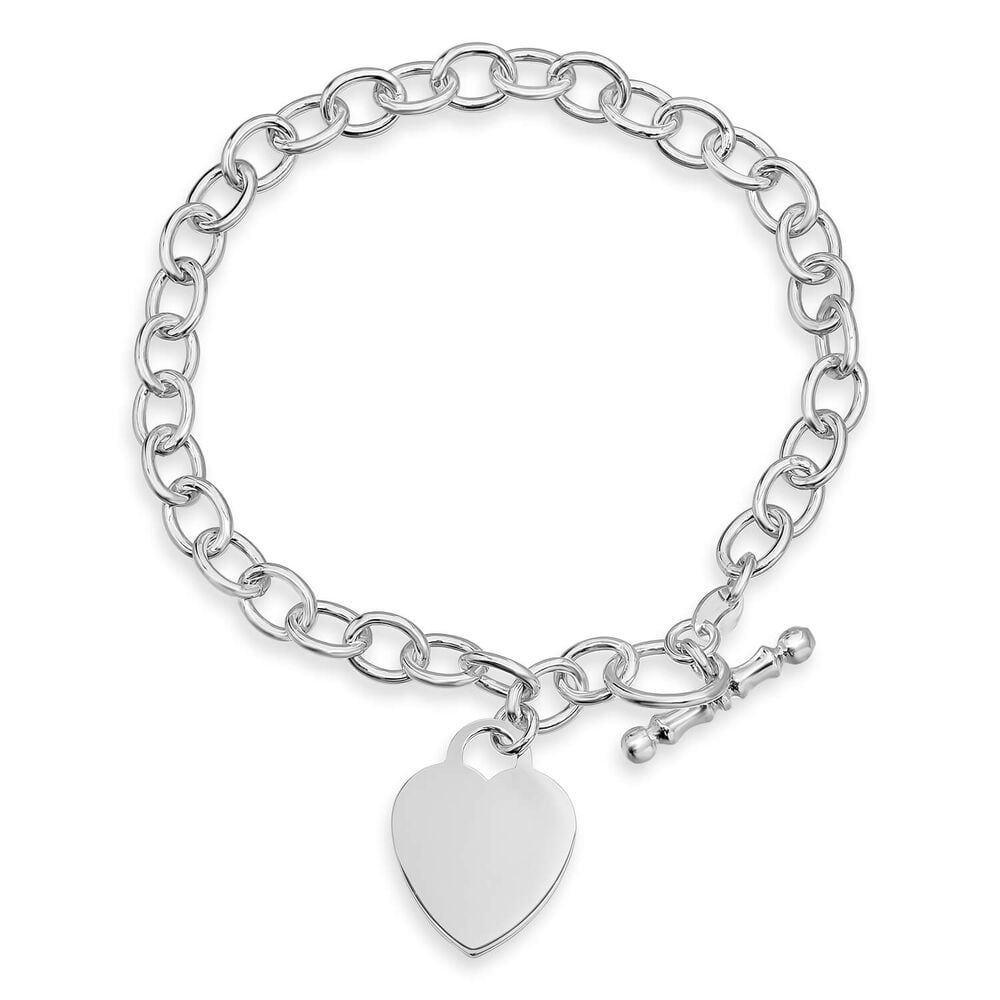 Sterling Silver Heart Charm Curb T-bar Bracelet