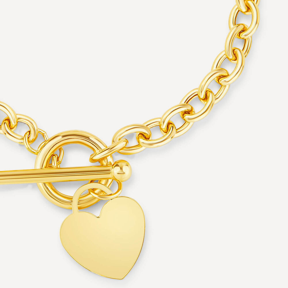 9ct Yellow Gold Oval Belcher T-Bar Heart Drop Bracelet