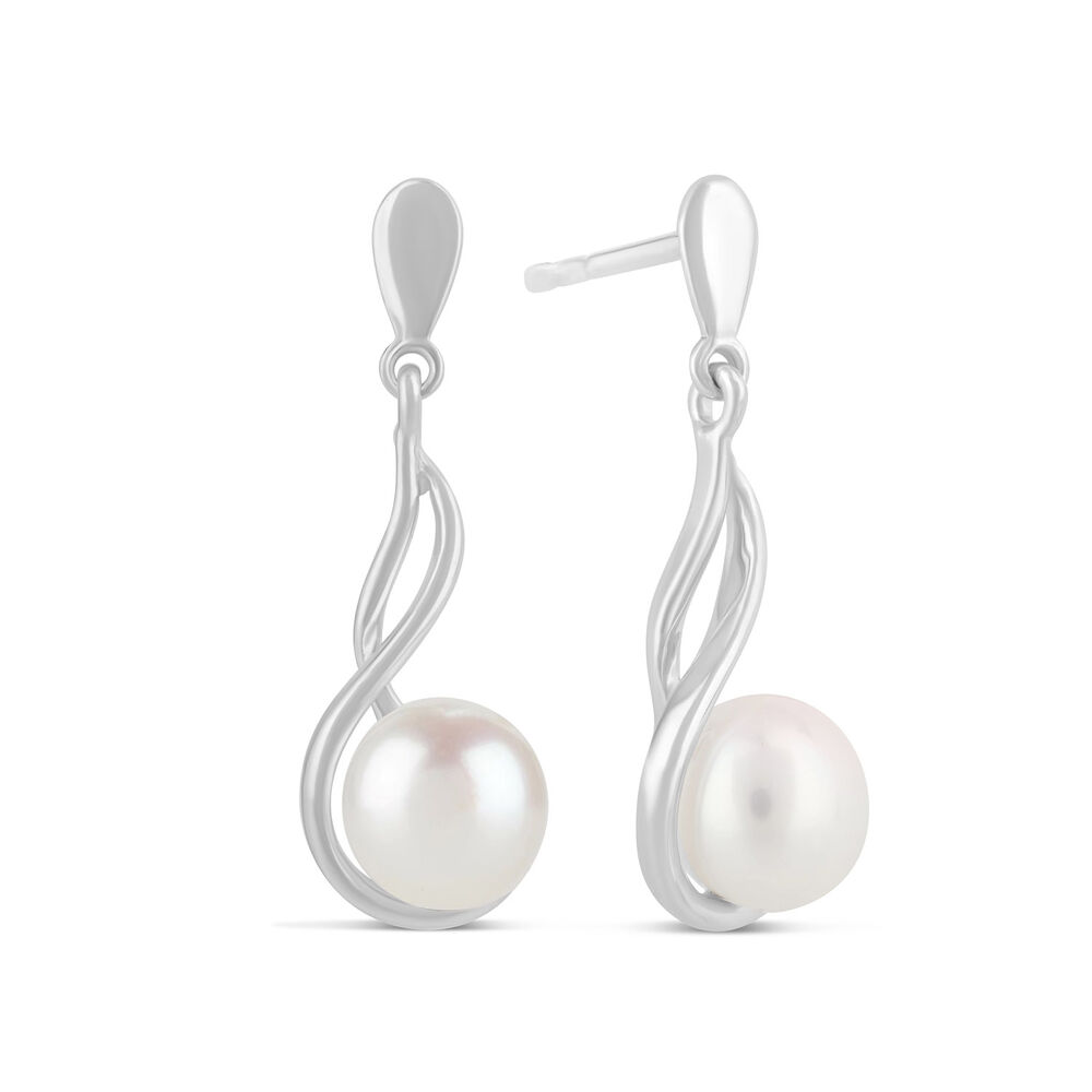 9ct White Gold Freshwater Pearl Note Drop Earrings image number 1