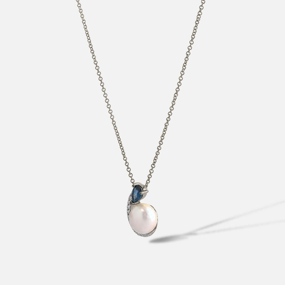 9ct White Gold Freshwater Pearl Sapphire 0.05ct Diamond Set Curl Pendant