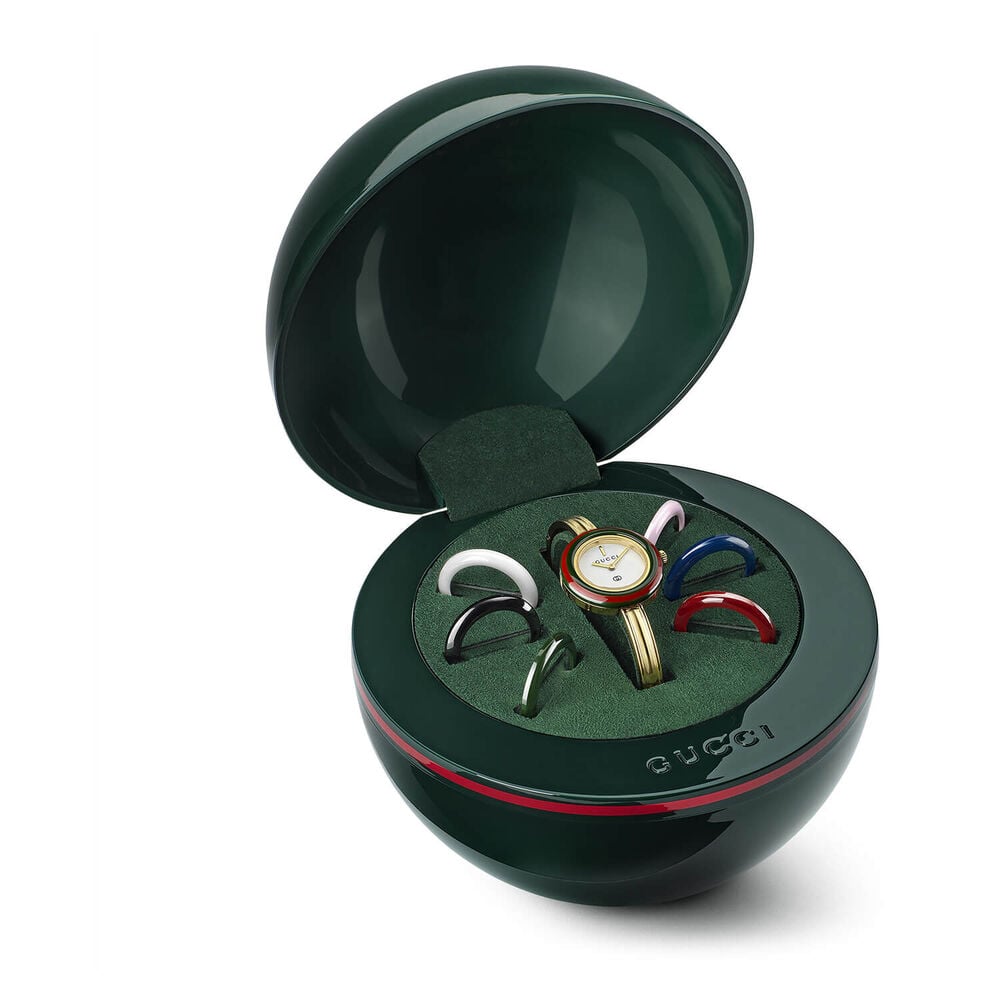 Gucci Play 28mm White Dial Interchangable Bezels Gold Tone Bangle Watch image number 4