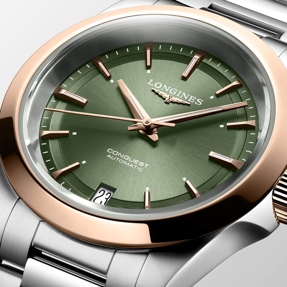 Longines Conquest 34mm Green Dial Pink Gold Case Steel Bracelet Watch image number 3