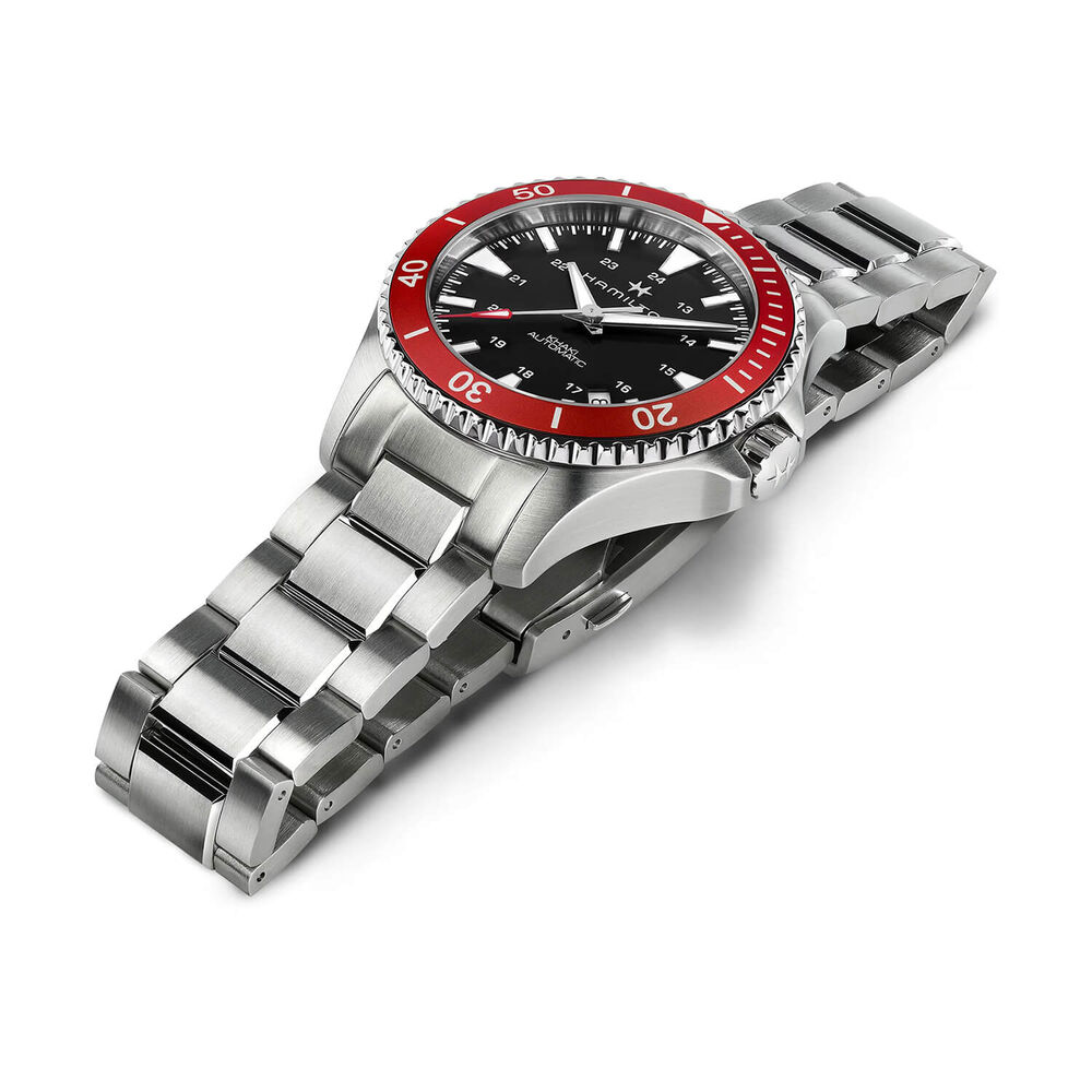 Hamilton Khaki Navy Scuba Auto 40mm Black Dial Red Bezel Steel Bracelet Watch image number 4