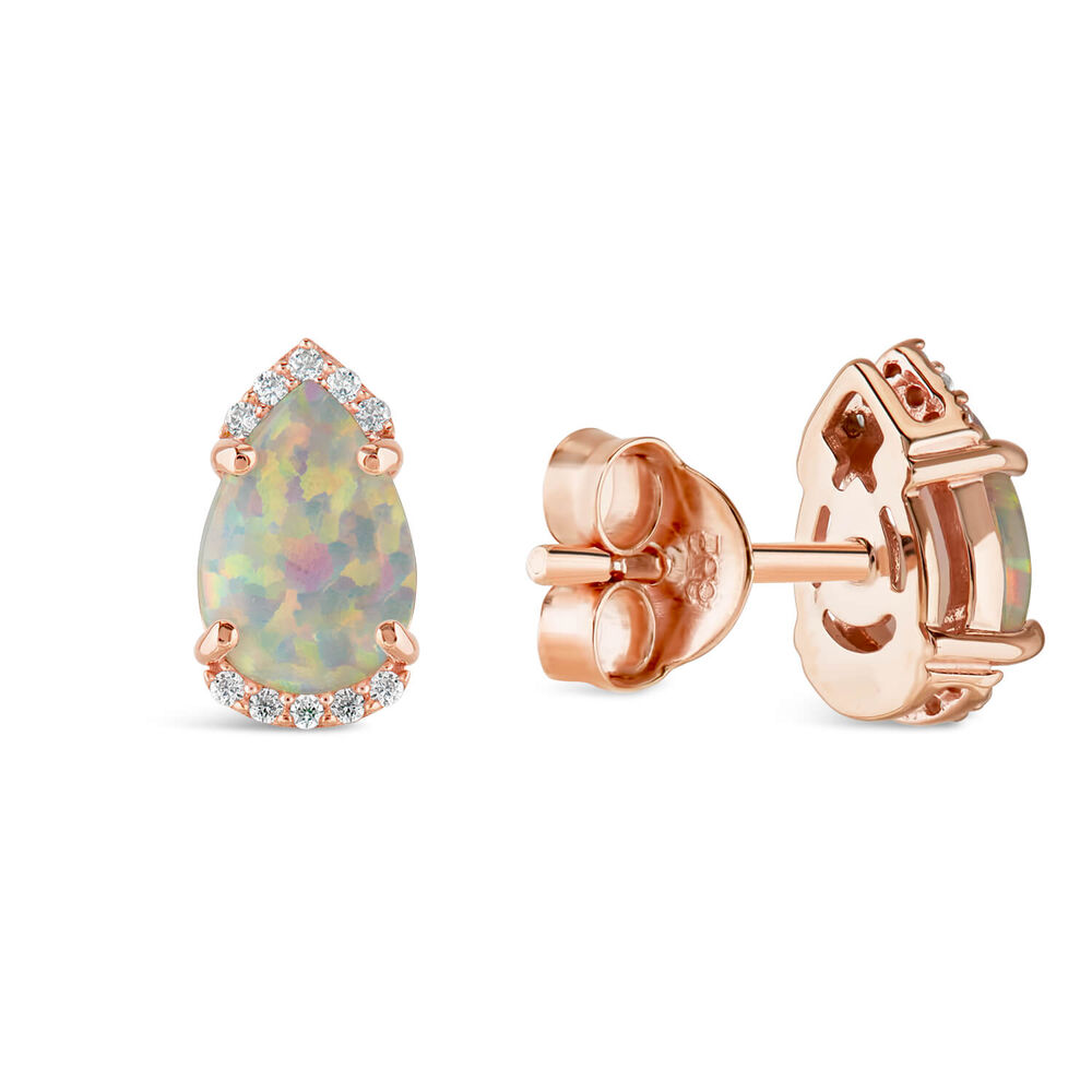 9ct Rose Gold Pear Opal Diamond Top & Bottom Stud Earrings image number 4