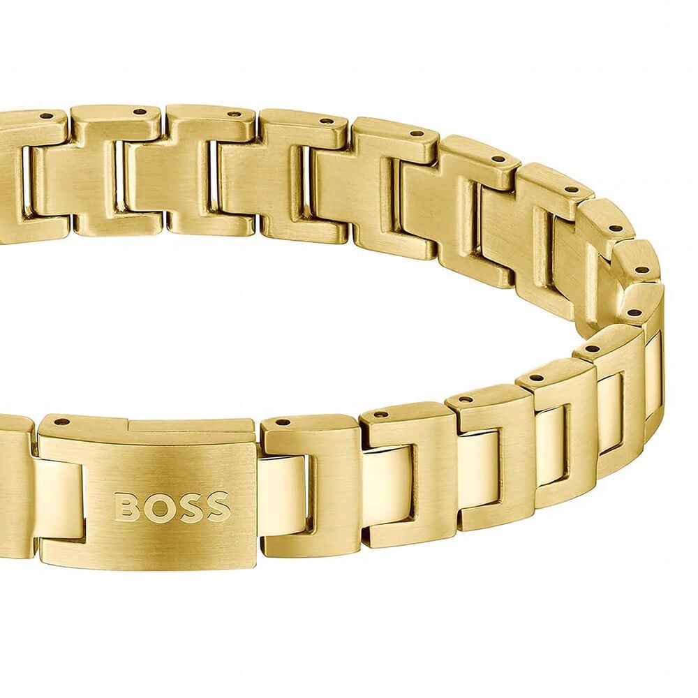 BOSS Candor Yellow Gold Plated Link Logo Closure Steel Bracelet image number 1