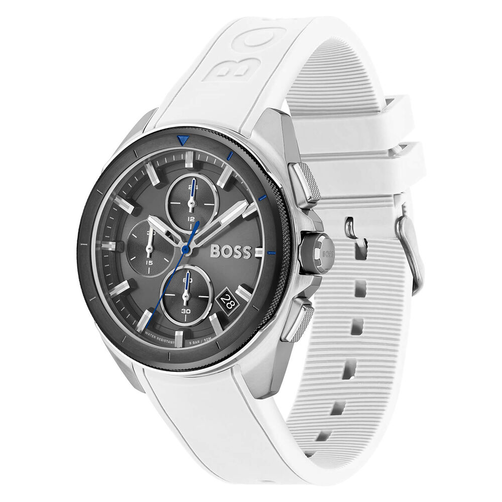 BOSS Volane Chronograph 44mm Quartz Grey Dial Steel Case White Rubber Strap Watch