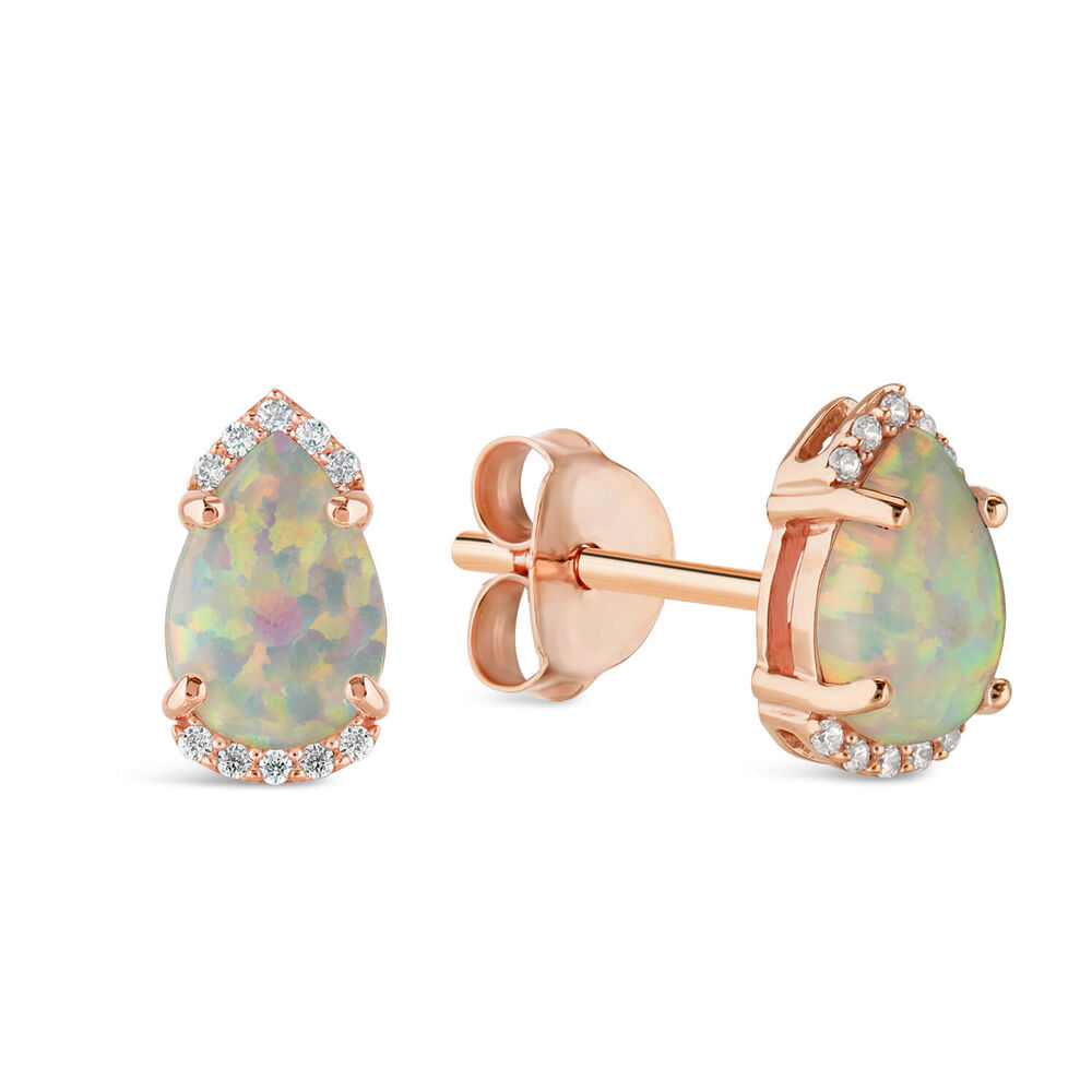 9ct Rose Gold Created Opal Diamond Top & Bottom Pear Stud Earrings