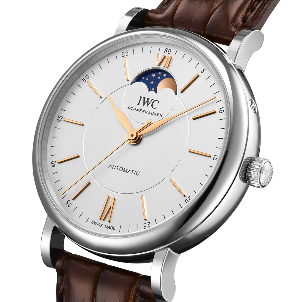 IWC Schaffhausen Portofino Automatic Moon Phase 40mm Silver Dial Brown Leather Strap Watch image number 1