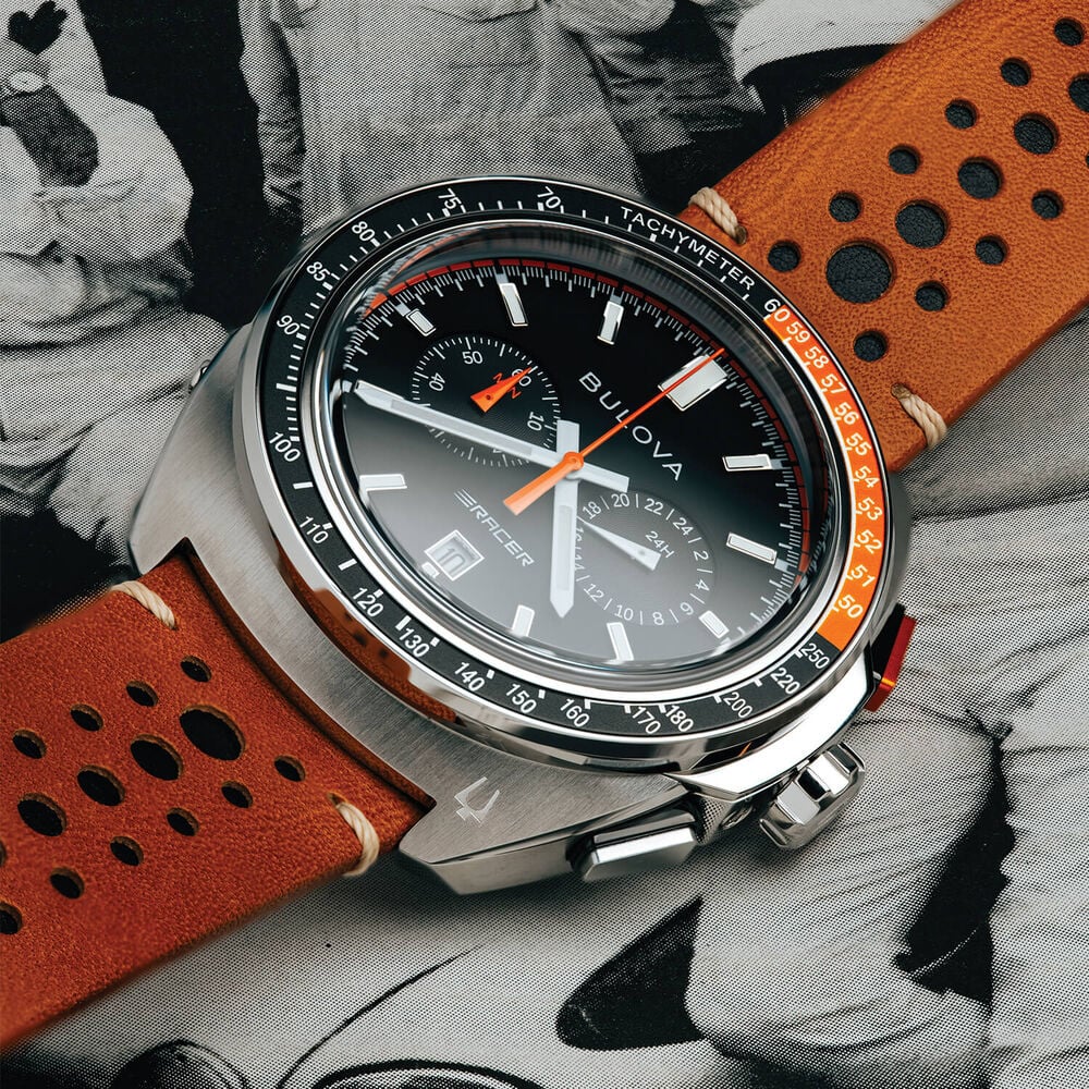 Bulova Racer Chronograph 42mm Black Dial Brown Leather Strap Watch image number 4
