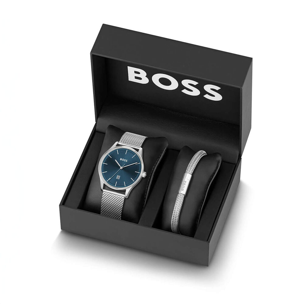 BOSS Reason 43mm Blue Dial Stainless Steel Mesh Bracelet Watch & Bracelet Set image number 0