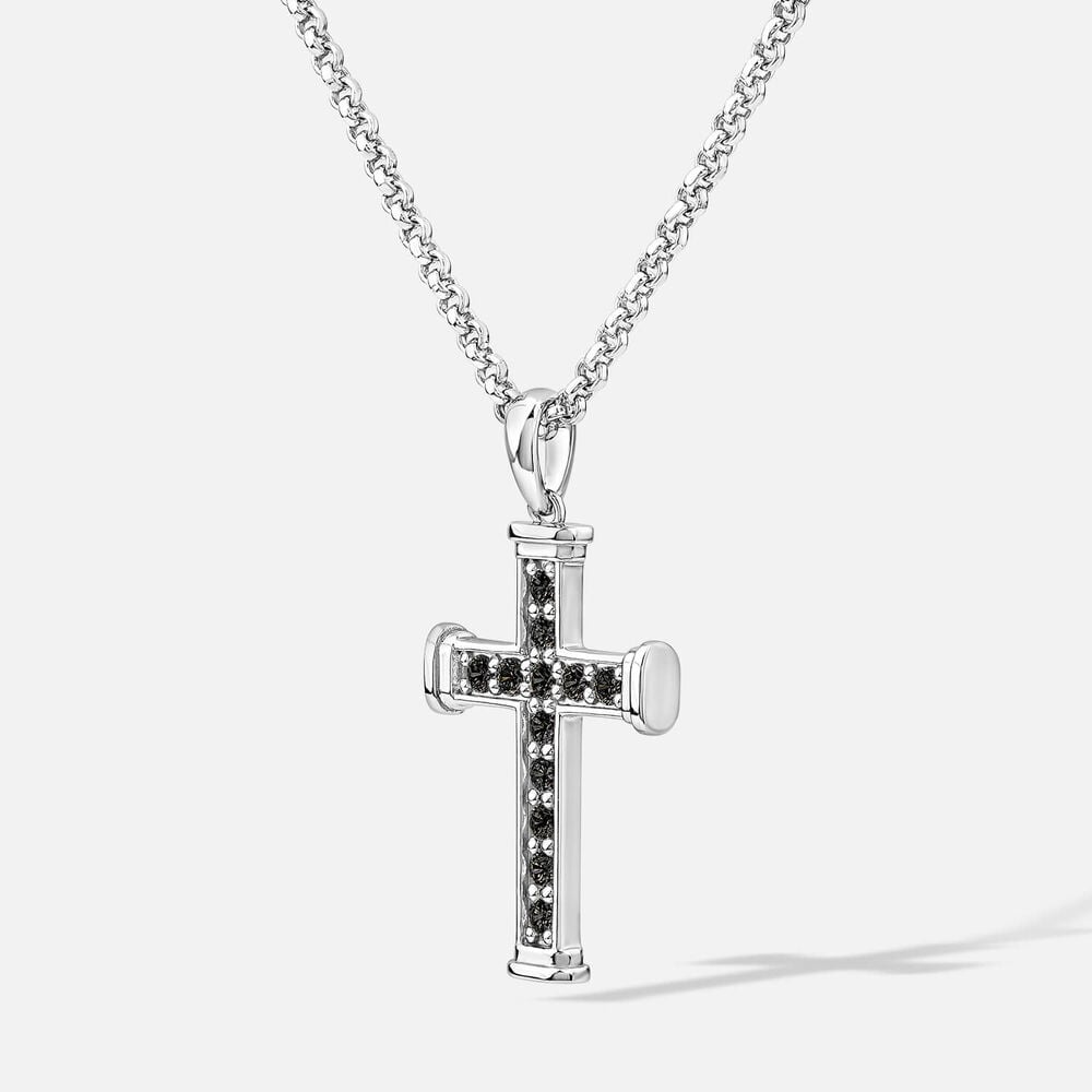 Sterling Silver Black Cubic Zirconia Cross Belcher Chain Pendant