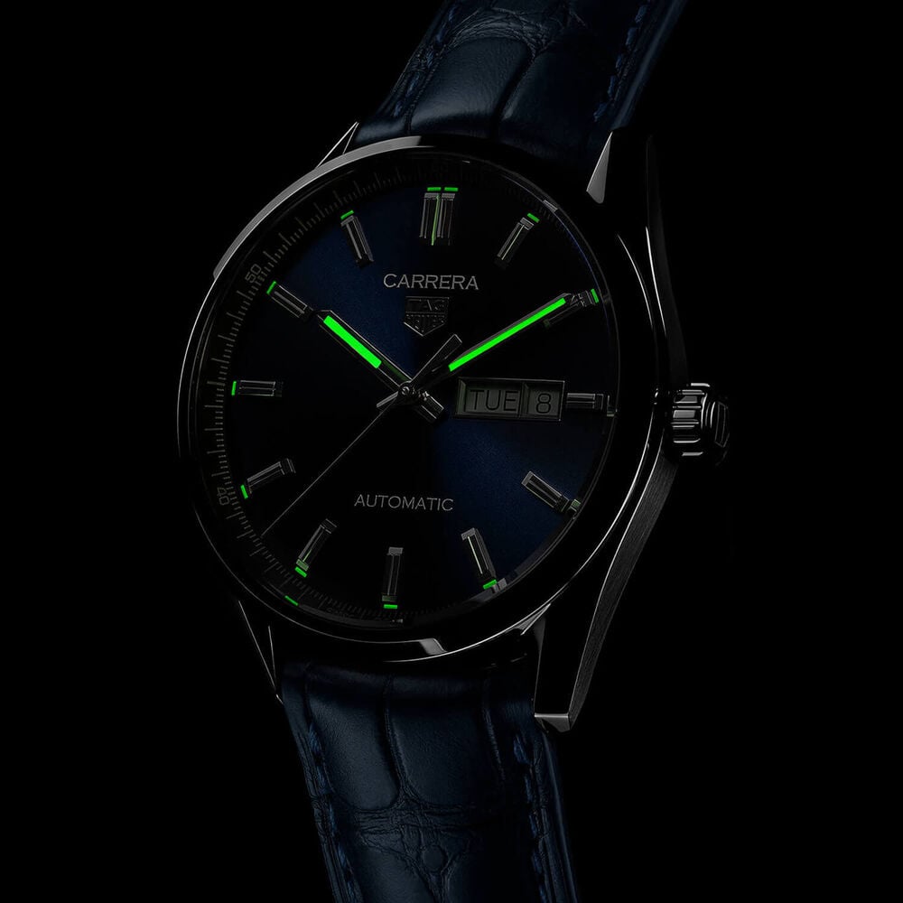 Pre-Owned TAG Heuer Carrera Day-Date 41mm Blue Dial Steel Case Blue Leather Strap Watch image number 6