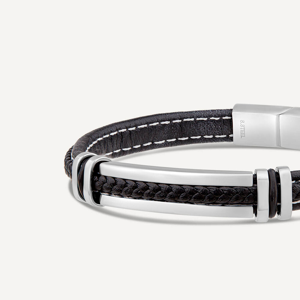 Mens's Steel & Black Leather White Stitching Bracelet image number 1
